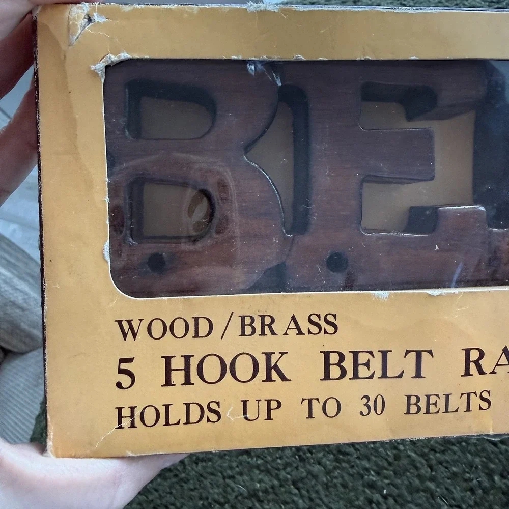 Vintage Brass And Wood Belt Holder Word NIP Belt Organizer 1970's